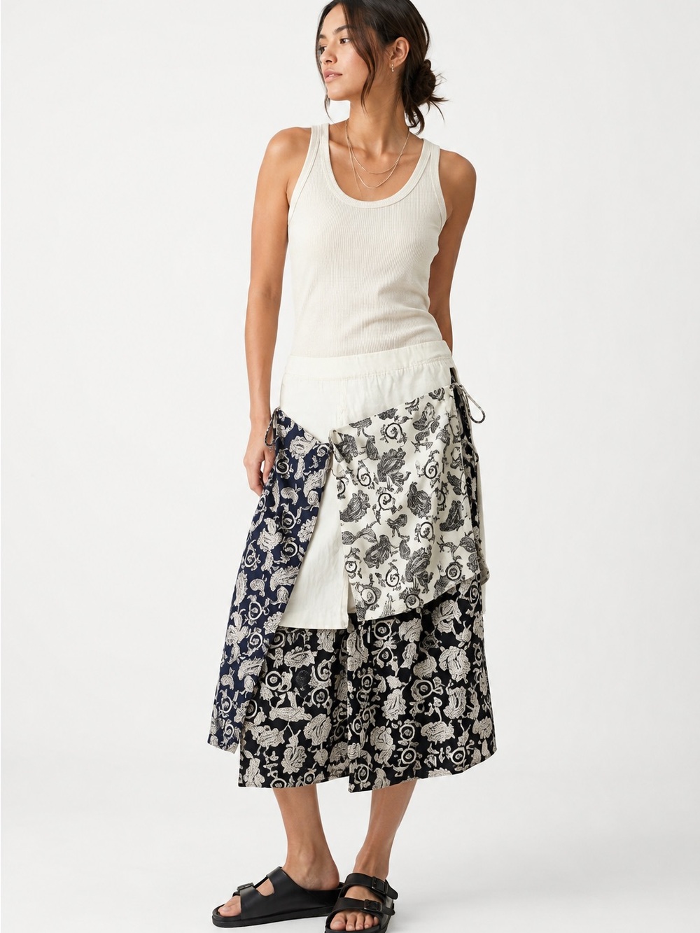 Rokh Deconstructed Patchwork Paisley Wrap Midi Skirt FR 38 US 6 Navy Ivory